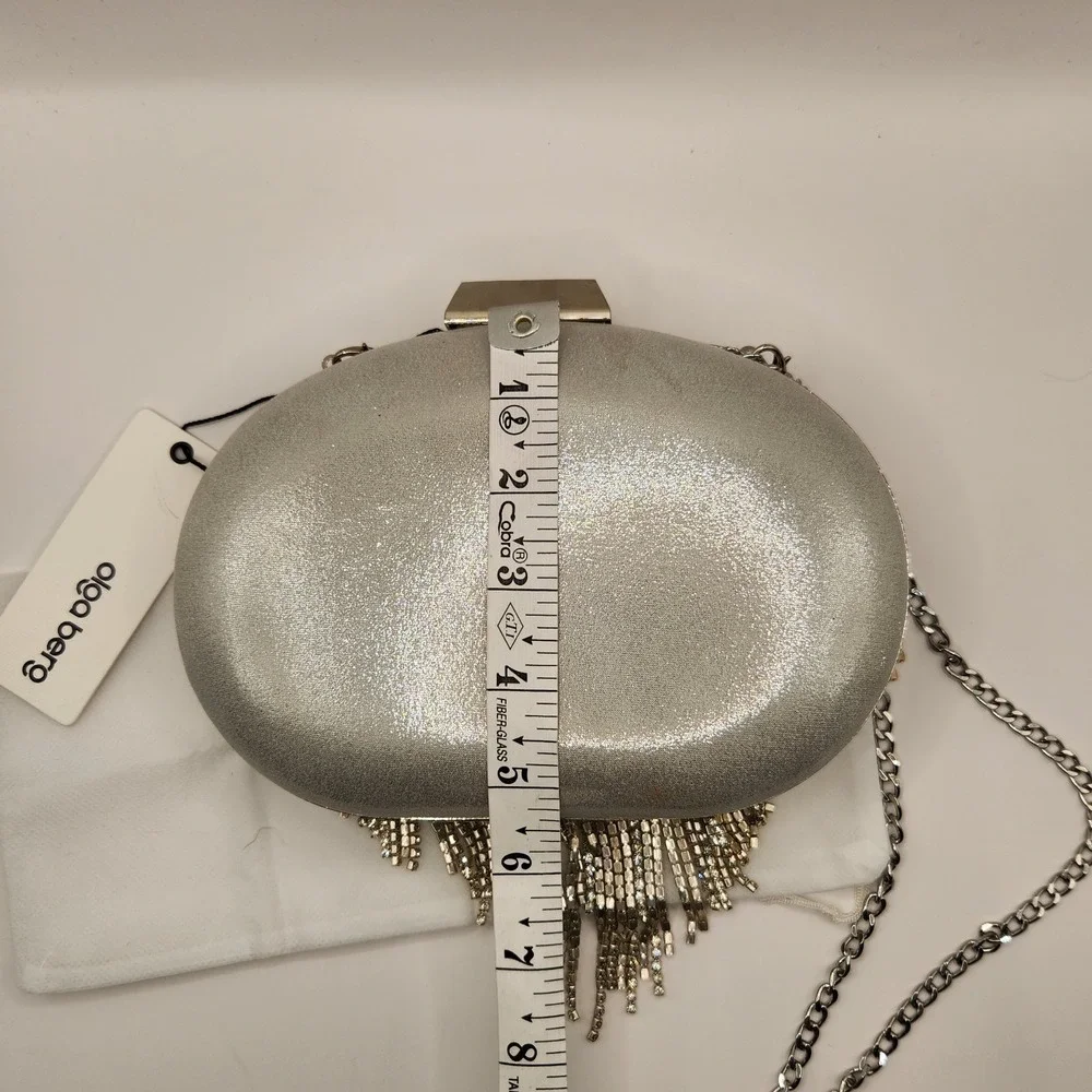 New Olga Berg Bria Crystal Fringe Clutch Rhinestone Chain Strap Silver Evening C